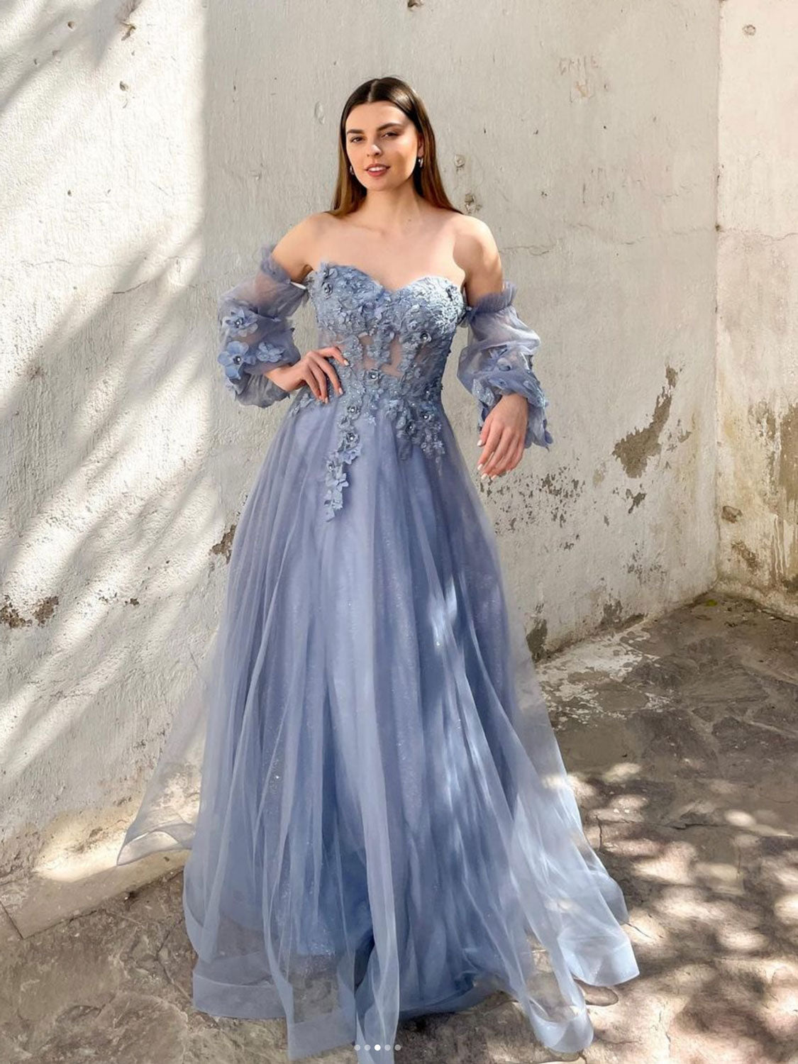 A-Line Sweetheart Neck Tulle Lace Gray Blue Long Prom Dress, Lace Form toptby A-Line Sweetheart Neck Tulle Lace Gray Blue Long Prom Dress, Lace Form toptby