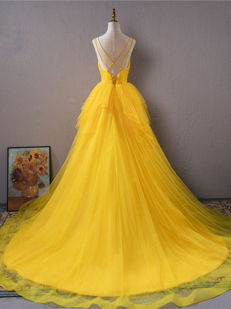 Yellow v neck tulle long prom dress high low long yellow graduation dress