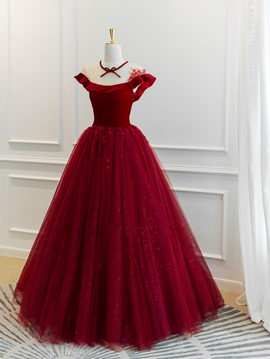 Burgundy tulle off shoulder long prom dress, burgundy tulle formal dress