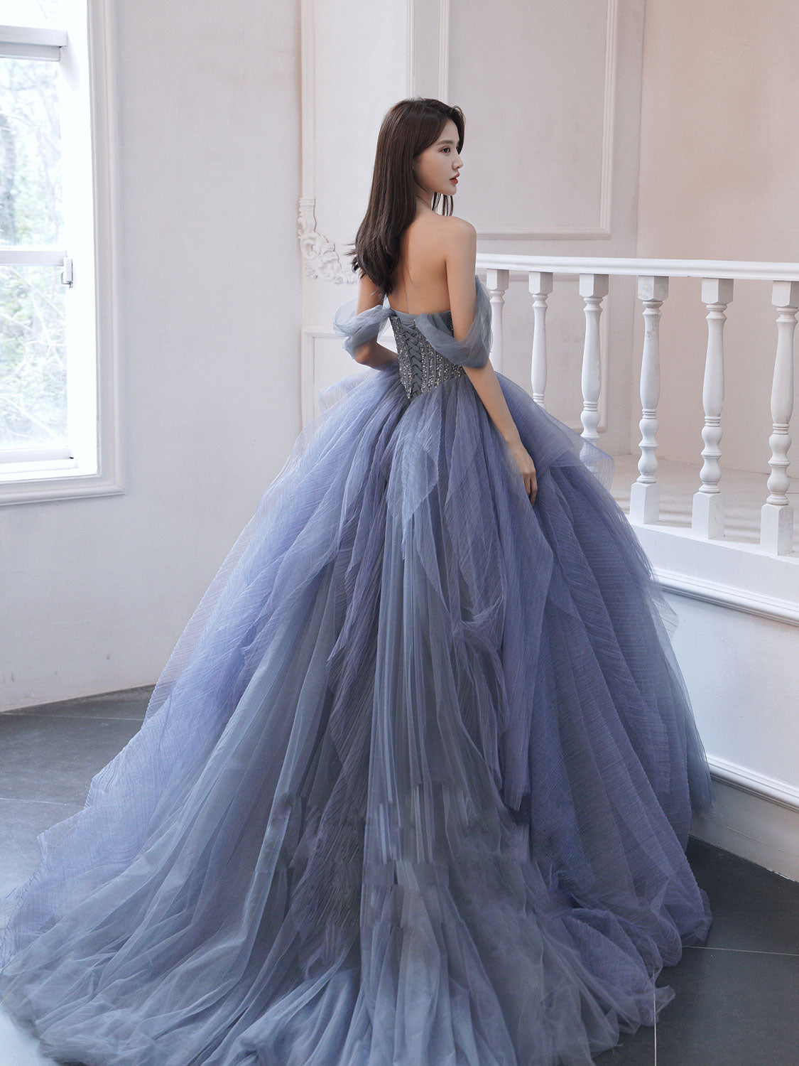 Blue tulle sequin long prom dress, blue tulle formal dress