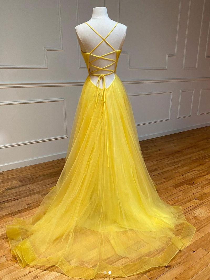 yellow v neck tulle long prom dress yellow formal dress