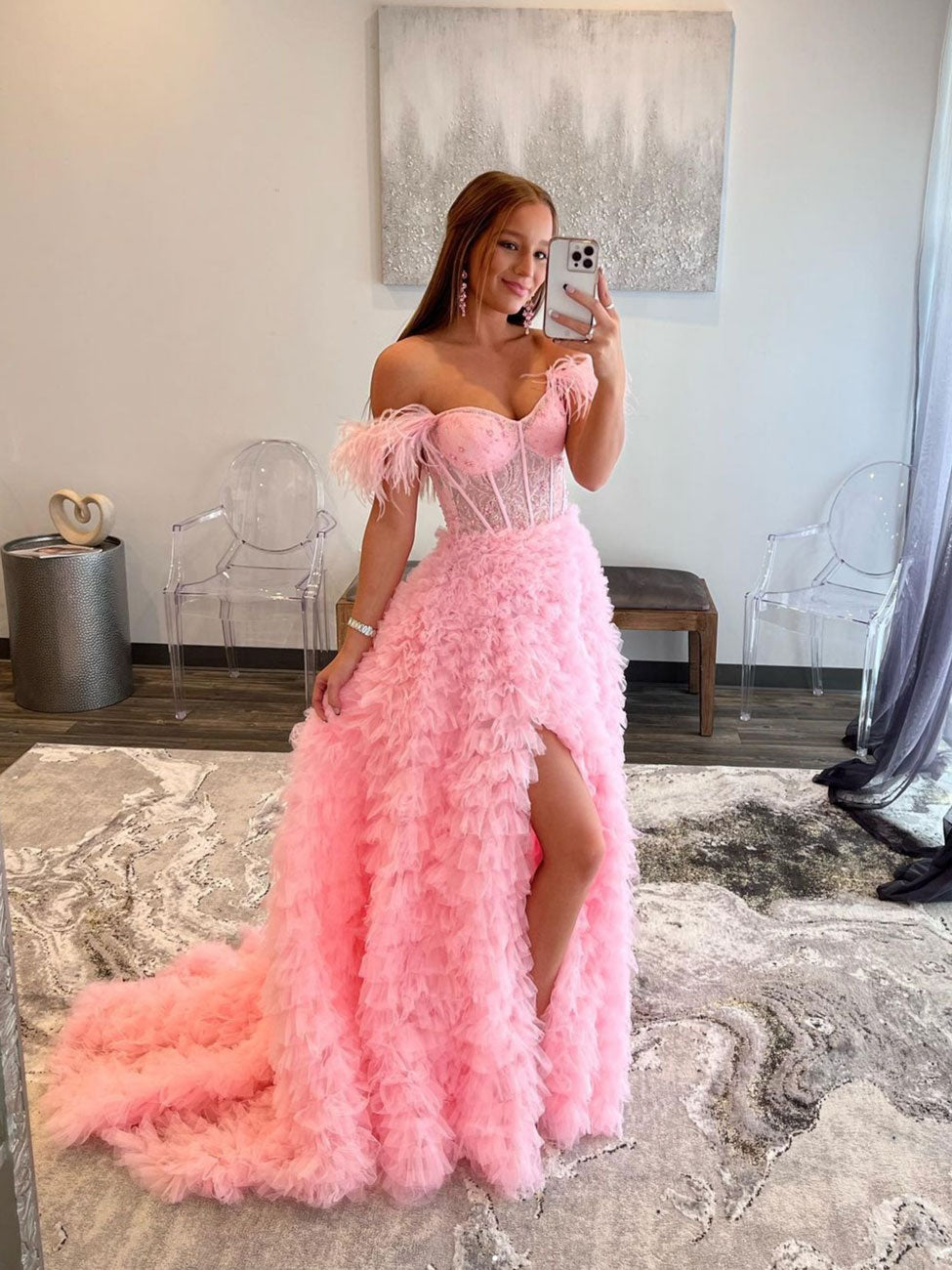 Pink off shoulder lace long prom dress, pink tulle evening dress