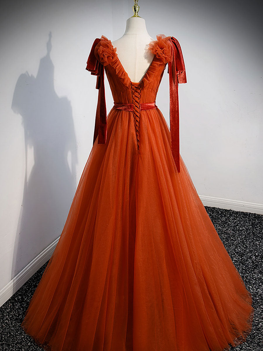 V Neck Tulle Brick Red Long Prom Dresses, Simple Formal Gown Graduatio toptby V Neck Tulle Brick Red Long Prom Dresses, Simple Formal Gown Graduatio toptby