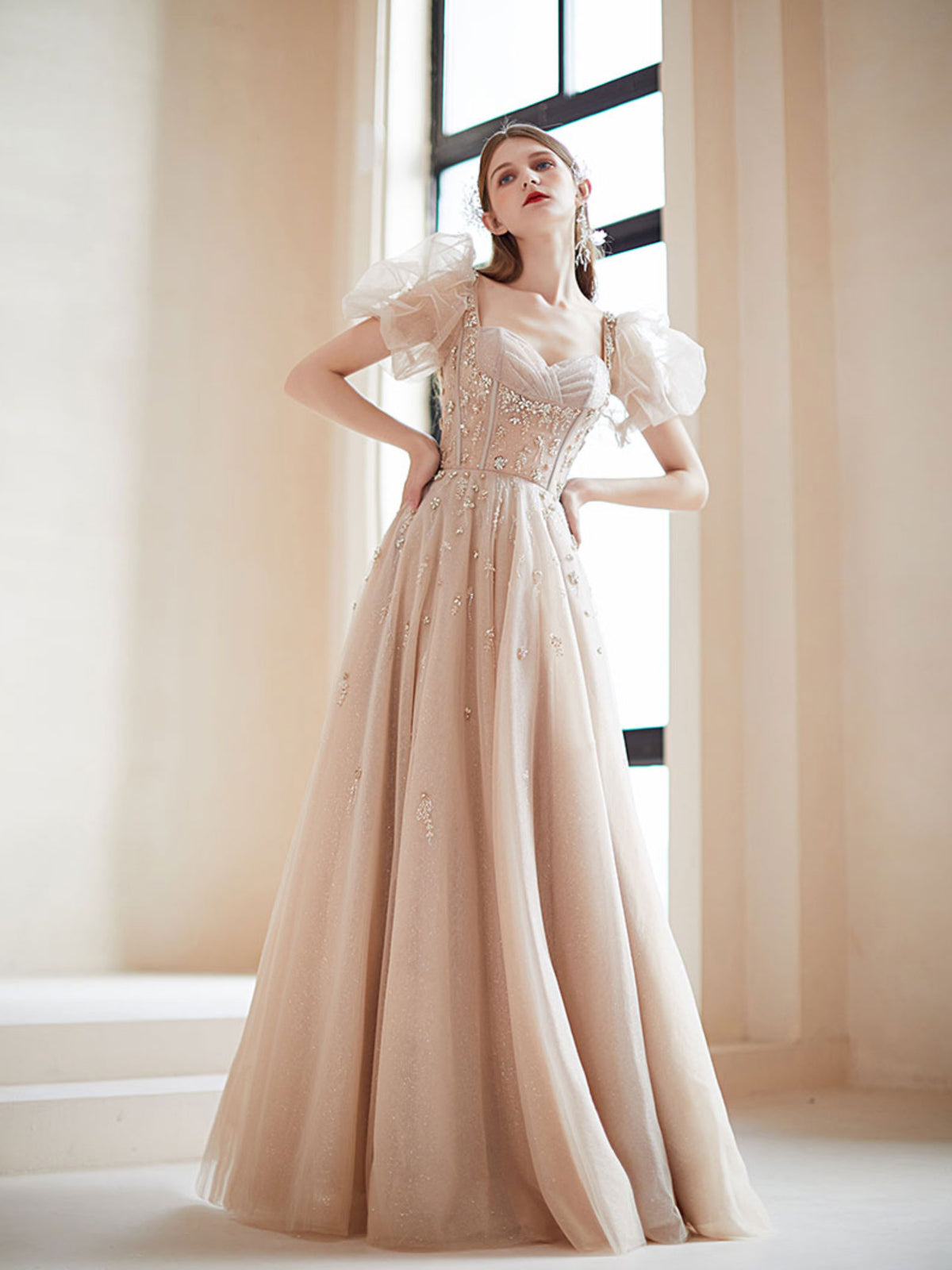 Champagne tulle A line beads long prom dress, champagne evening dress