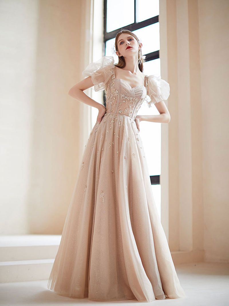 champagne pink dress A-Line Tulle Sequin Long Prom Dress, Champagne Pink For or galas Champagne Pink Sparkly Ball Gown,