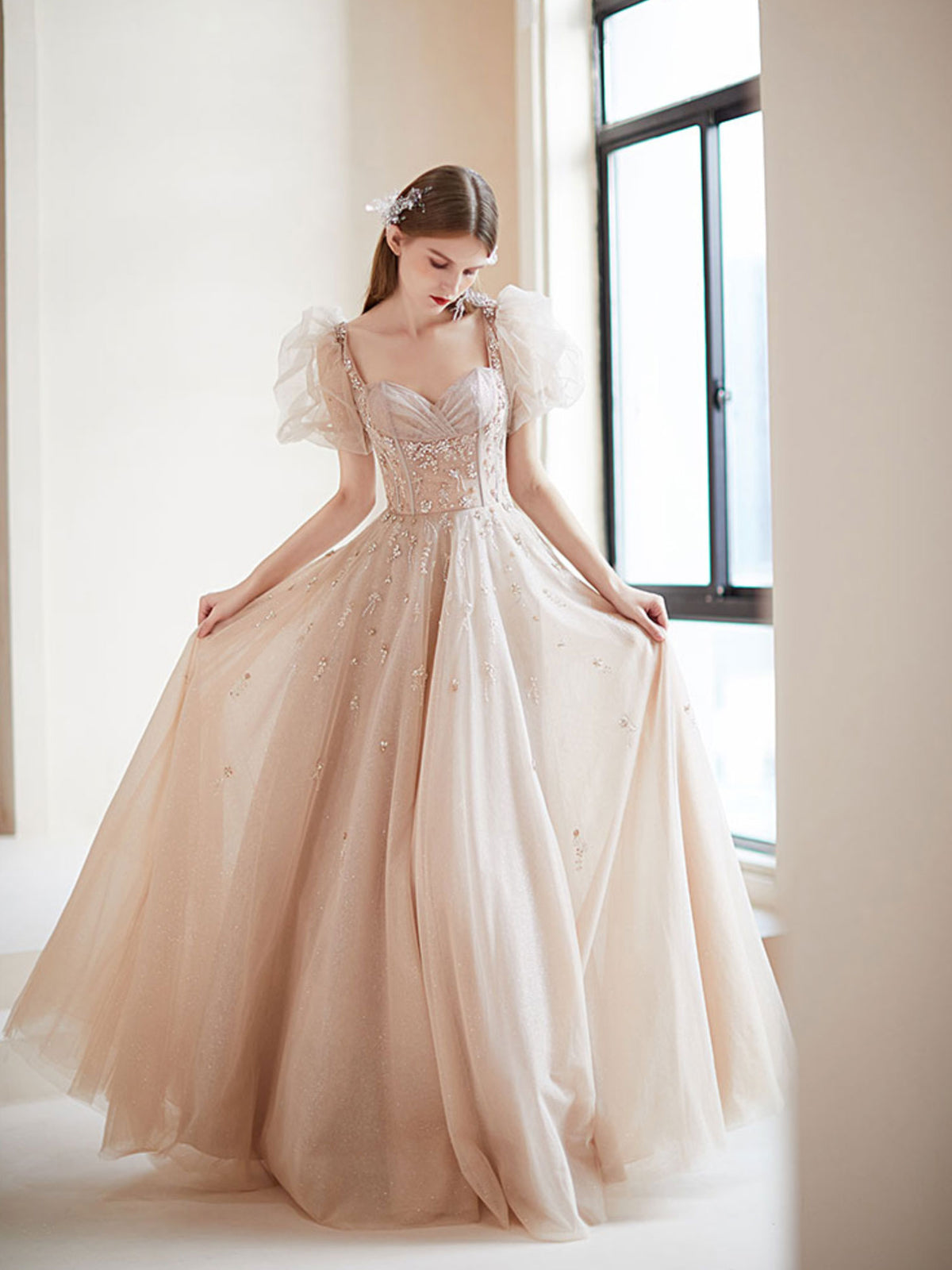 Champagne tulle A line beads long prom dress, champagne evening dress toptby Champagne tulle A line beads long prom dress, champagne evening dress toptby
