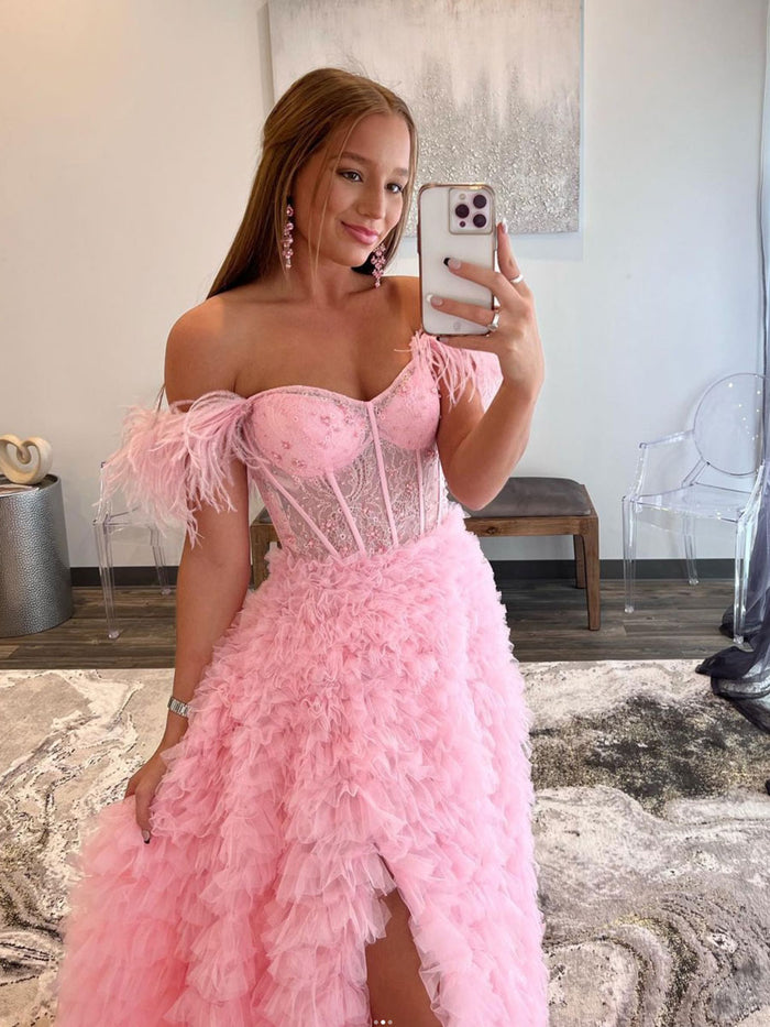 Pink off shoulder lace long prom dress, pink tulle evening dress