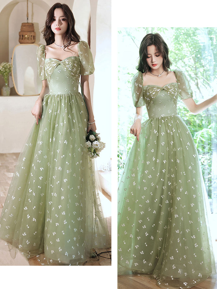 Green tulle long prom dress, green tulle formal dress