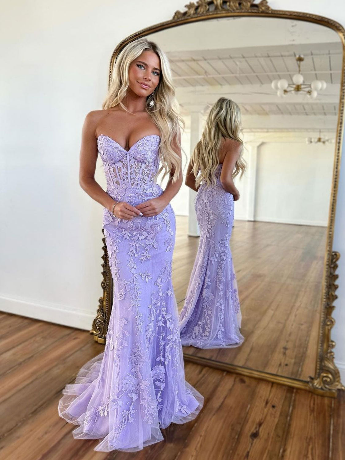Aqua Lace Applique Mermaid Prom Dresses Strapless Evening Dress FD2684 –  Viniodress