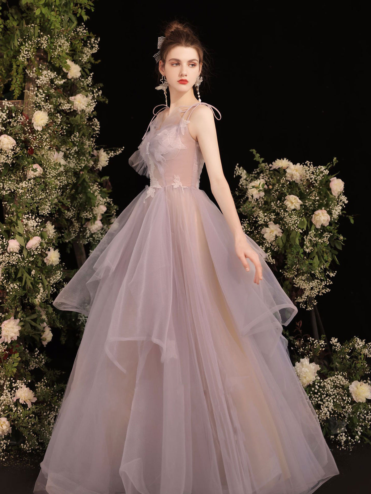 Pink tulle lace long prom dress, tulle formal dress toptby Pink tulle lace long prom dress, tulle formal dress toptby