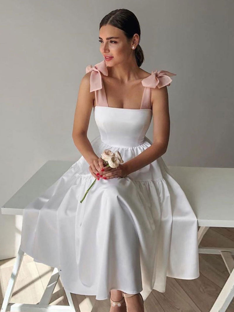 White satin short prom dress white satin bridesmaid dress