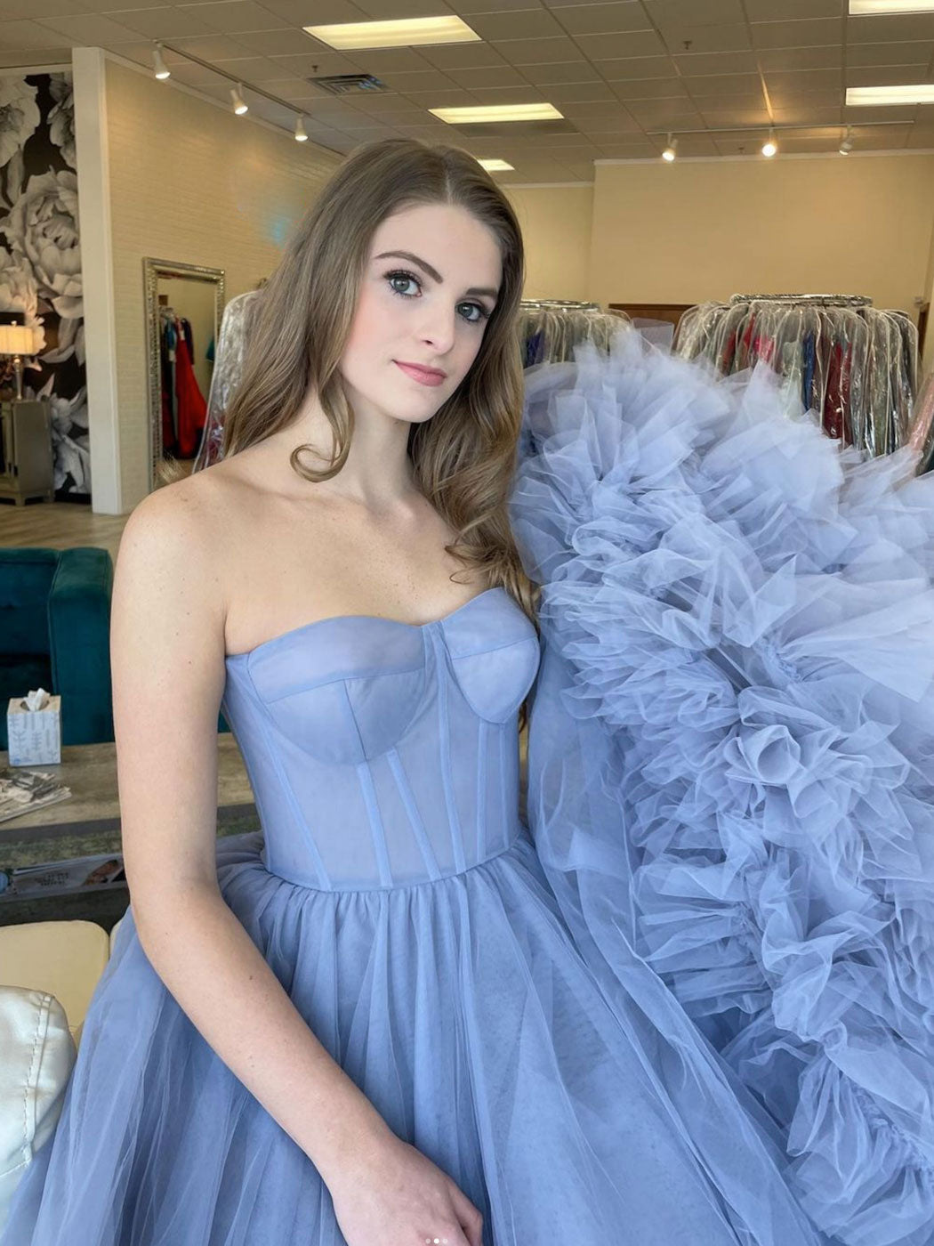 Blue sweetheart neck tulle long prom dress, blue sweet 16 dress