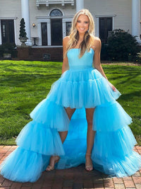 Blue tulle high low prom dress blue tulle evening dress