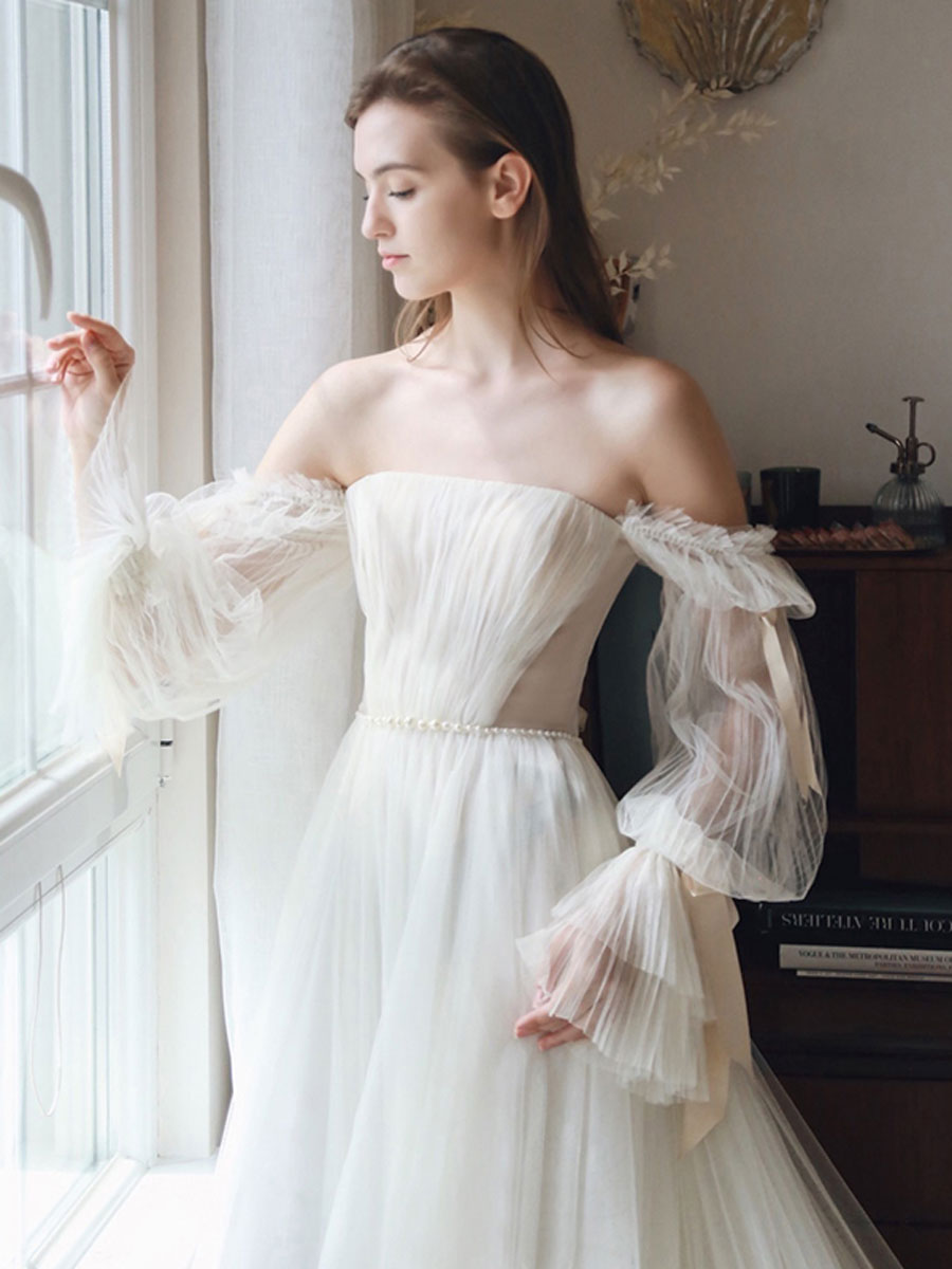 Simple white chiffon long prom dress, white chiffon evening dress