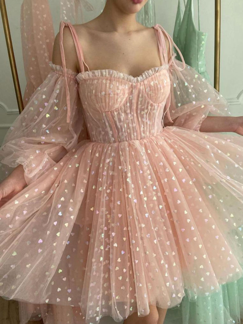 Pink tulle lace short prom dress, pink tulle short homecoming dress