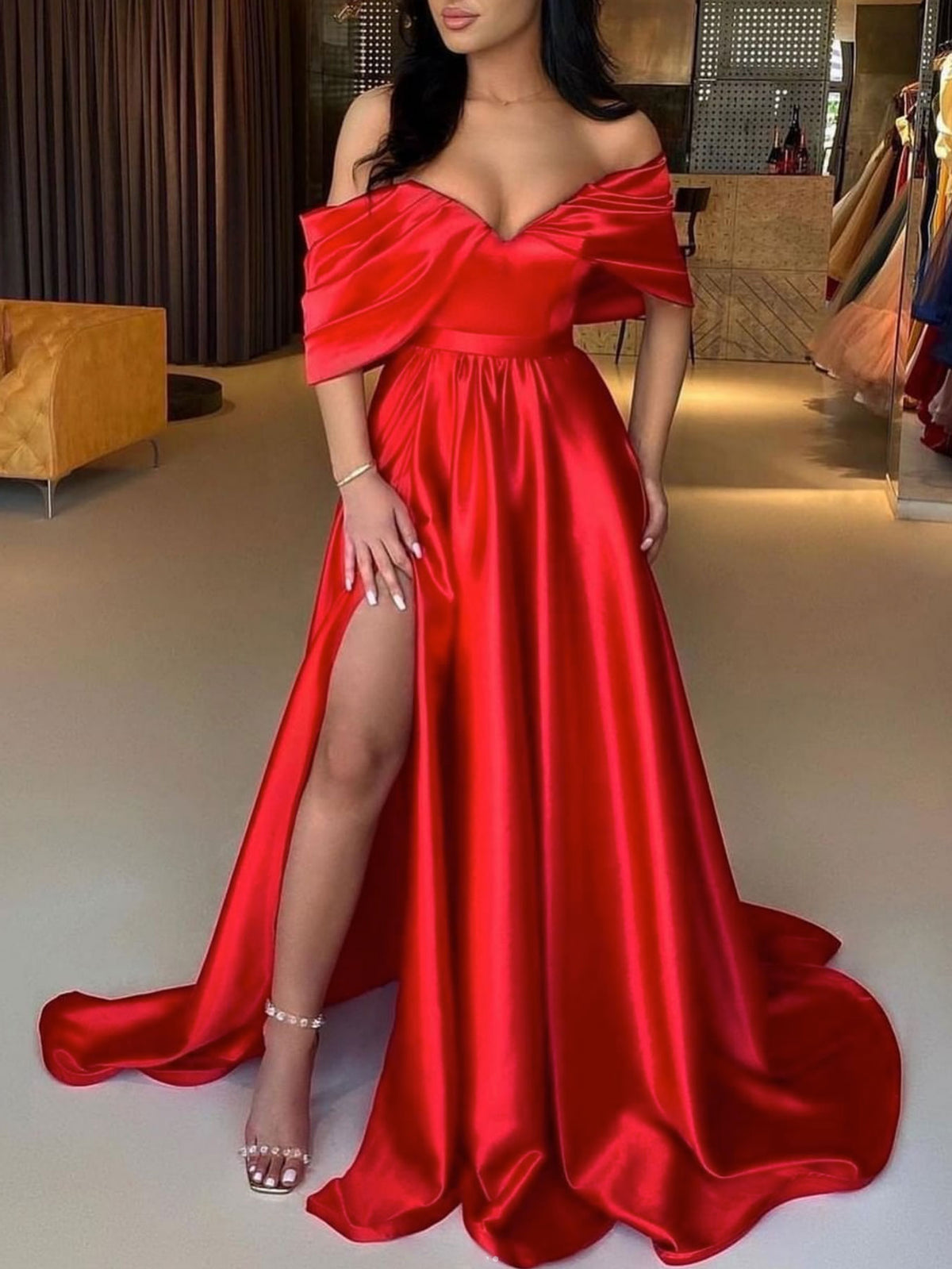 Simple red off shoulder satin long prom dress red long evening dress