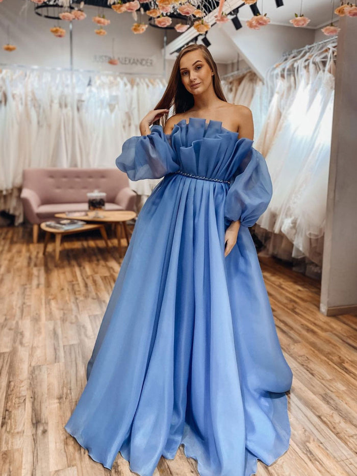 Blue tulle long prom dress, blue tulle long evening dress