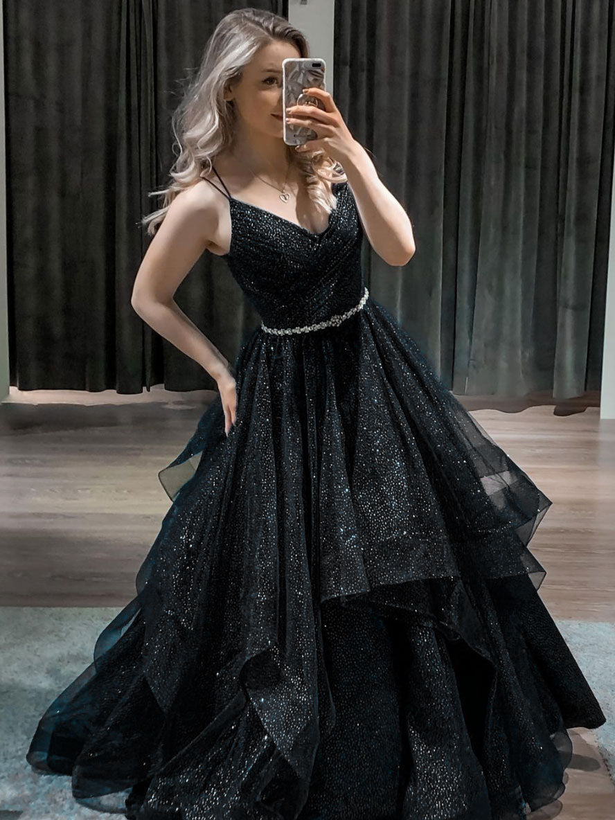 Dark blue tulle sequin long prom dress blue formal dress toptby Dark blue tulle sequin long prom dress blue formal dress toptby
