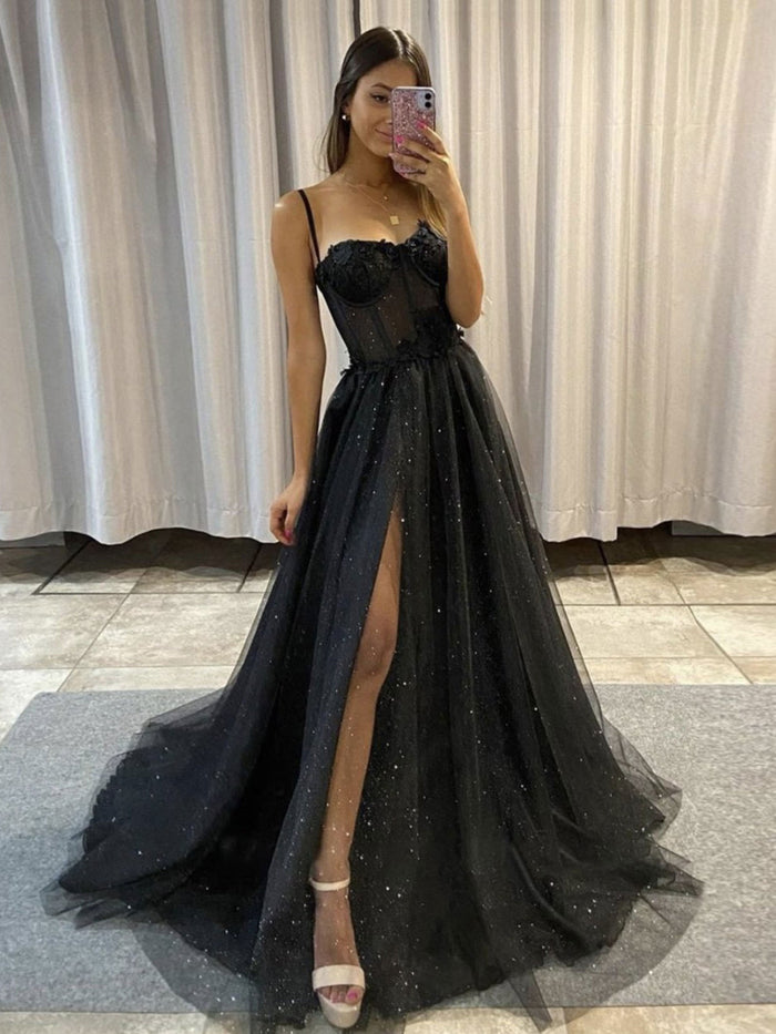 Black tulle sequin long prom dress, black tulle evening dress