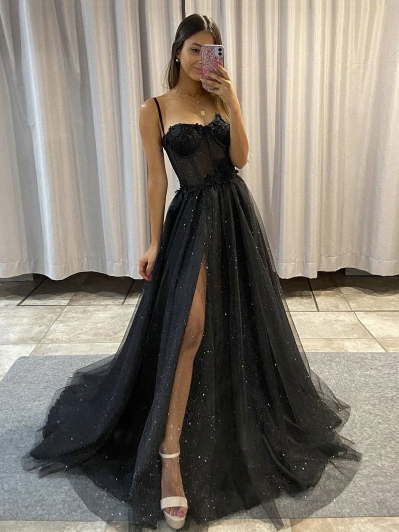 Black tulle sequin long prom dress, black tulle evening dress Black tulle sequin long prom dress, black tulle evening dress