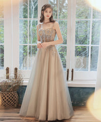 Champagne sweetheart tulle long prom dress tulle bridesmaid dress