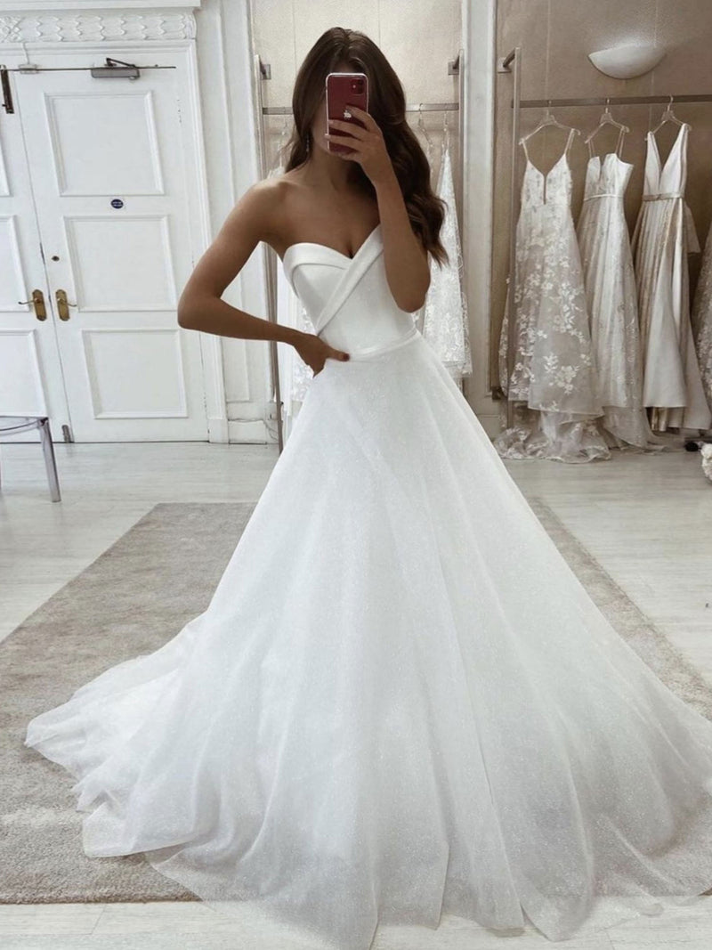 Simple sweetheart white tulle long prom dress, white evening dress