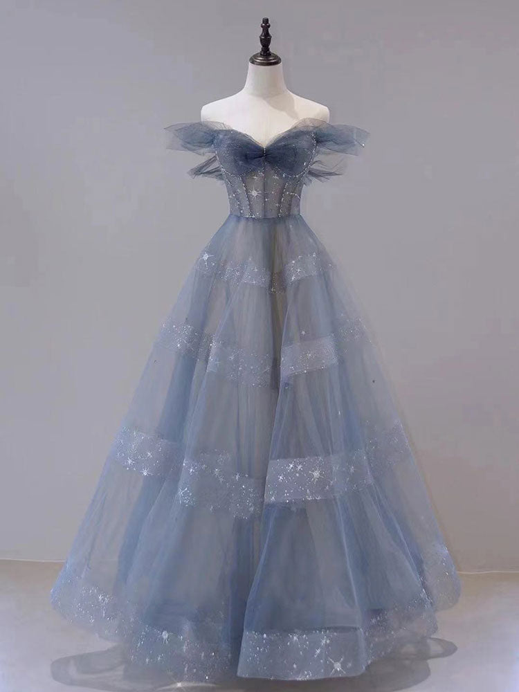 Blue tulle off shoulder long prom dress, blue tulle formal dress