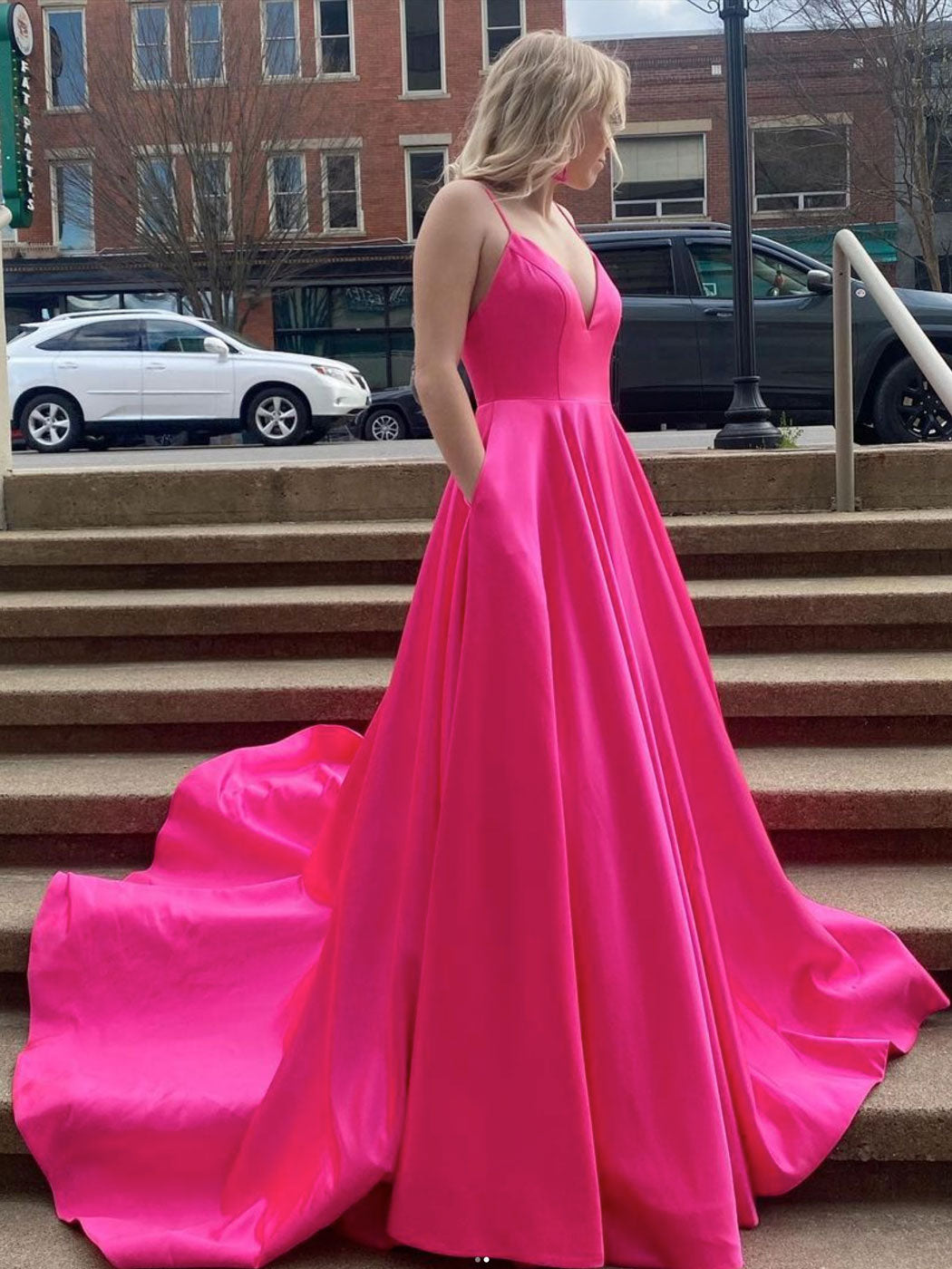 Simple pink v neck satin long prom dress, pink satin evening dress toptby Simple pink v neck satin long prom dress, pink satin evening dress toptby