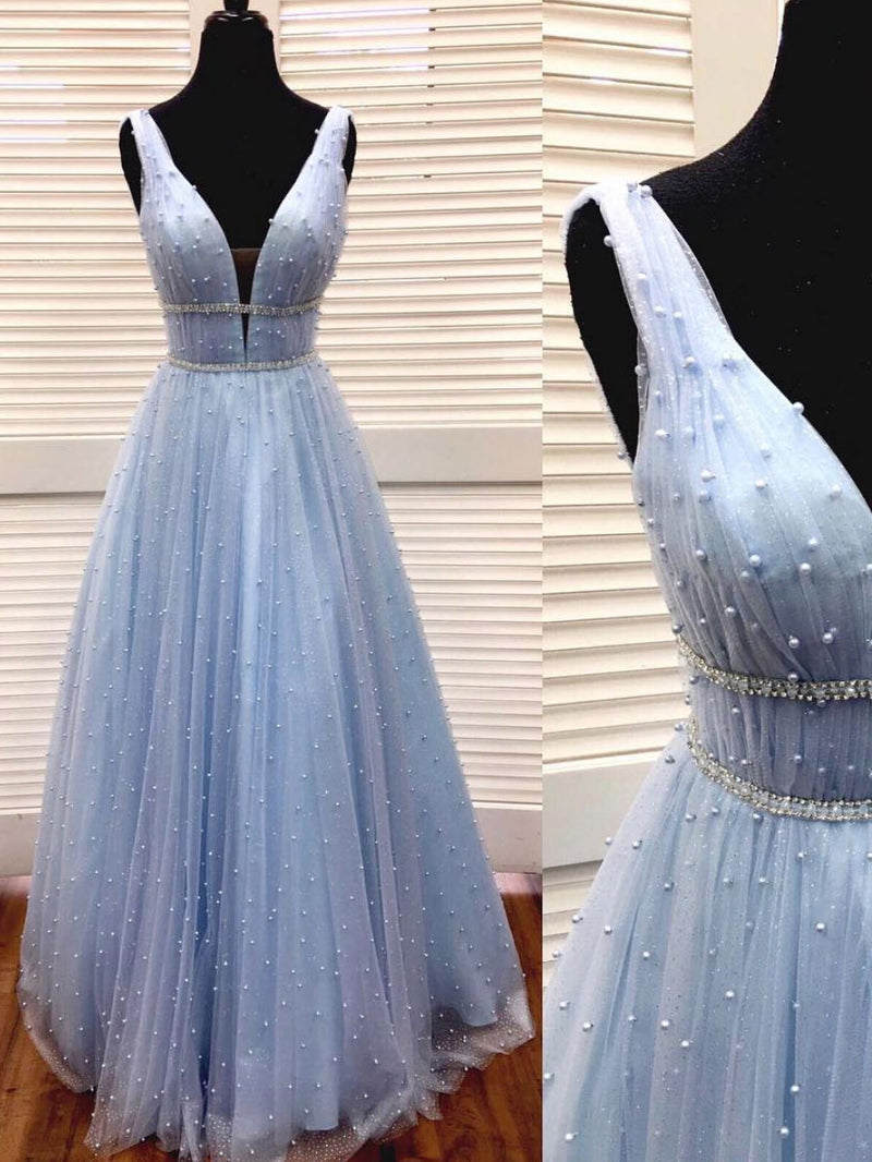 Blue v neck tulle long prom dress, blue tulle formal dress – toptby