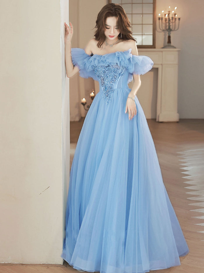 Blue A-Line Off Shoulder Tulle Long Prom Dress, Blue Tulle Formal Evening Dress