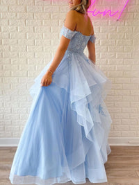 Blue Off Shoulder Tulle Lace Long Prom Dress, Blue Lace Graduation Dresses