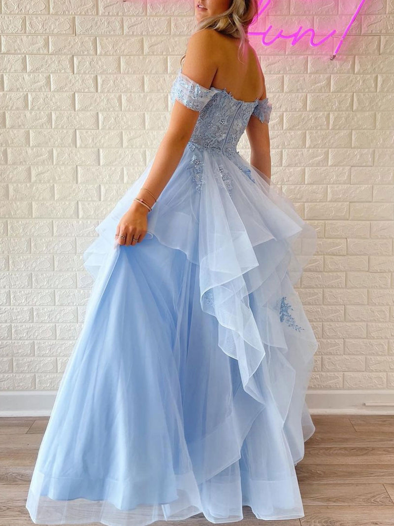 Blue Off Shoulder Tulle Lace Long Prom Dress, Blue Lace Graduation Dre toptby Blue Off Shoulder Tulle Lace Long Prom Dress, Blue Lace Graduation Dre toptby