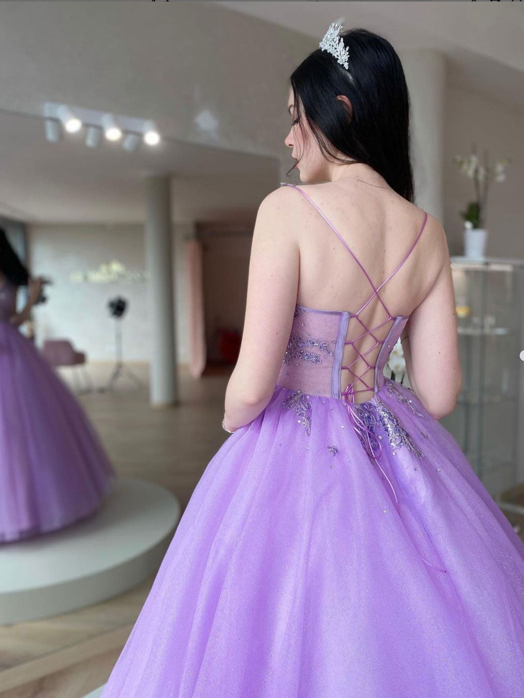 Purple off shoulder tulle long prom dress, A line tulle formal dress