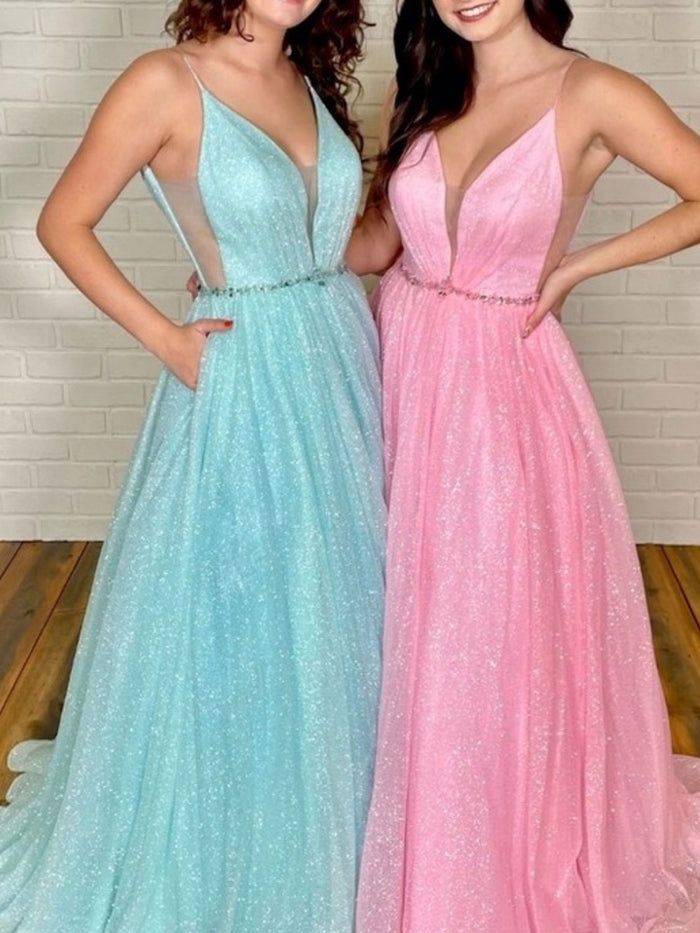Pink v neck tulle sequin long prom dress, pink evening dress