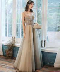 Champagne sweetheart tulle long prom dress tulle bridesmaid dress