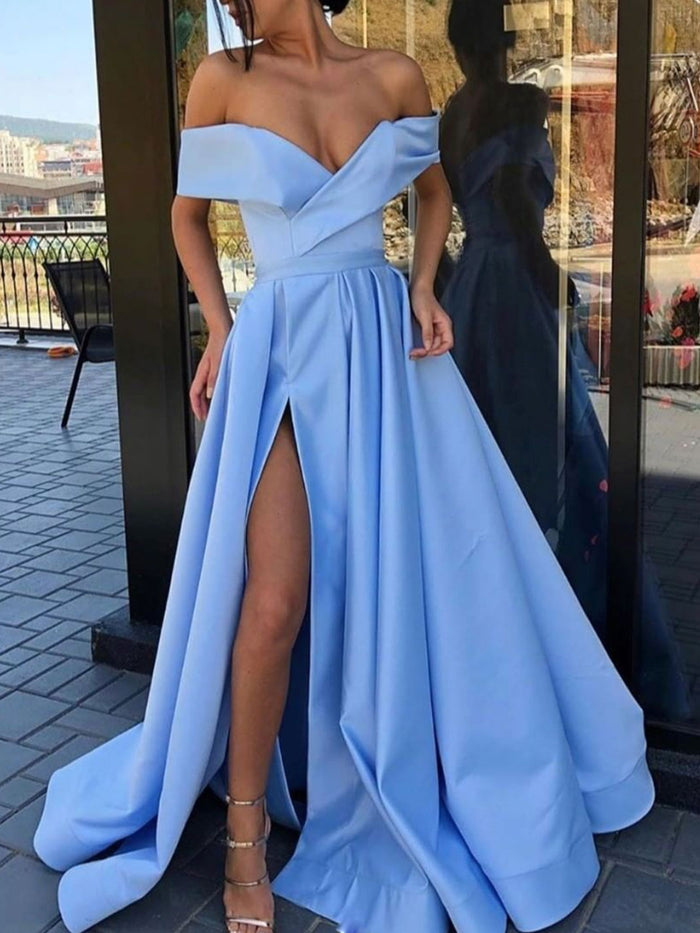 Simple off shoulder blue satin long prom dress, blue evening dress