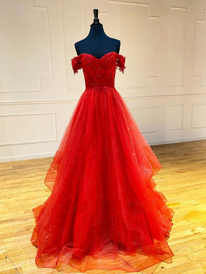 Red tulle lace long prom dress red evening dress