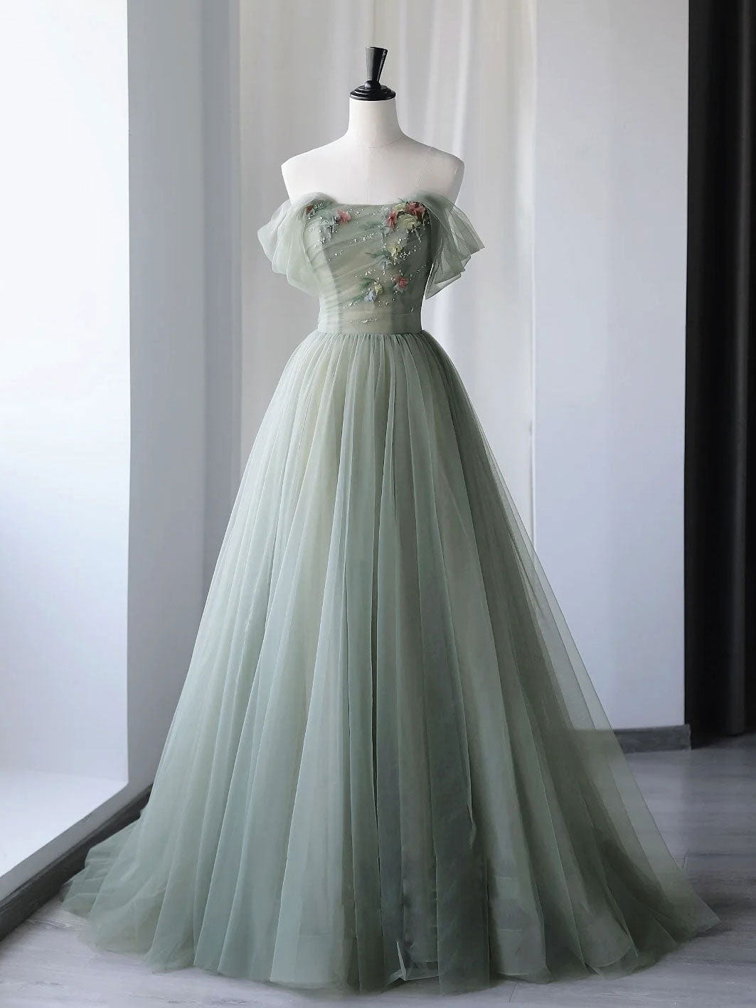 A-Line Green Tulle Long Prom Dresses, Green Formal Evening Dresses