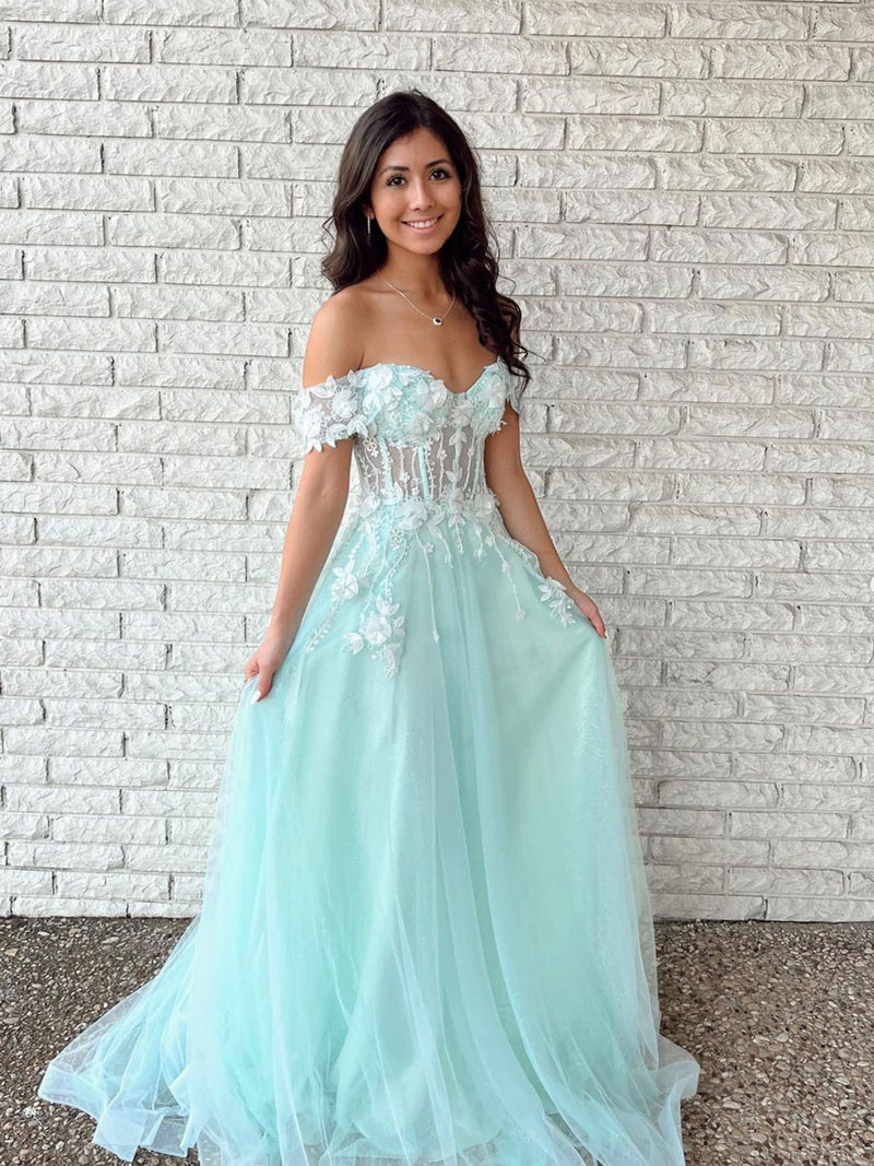 Green off shoulder lace long prom dress, green evening dress toptby Green off shoulder lace long prom dress, green evening dress toptby