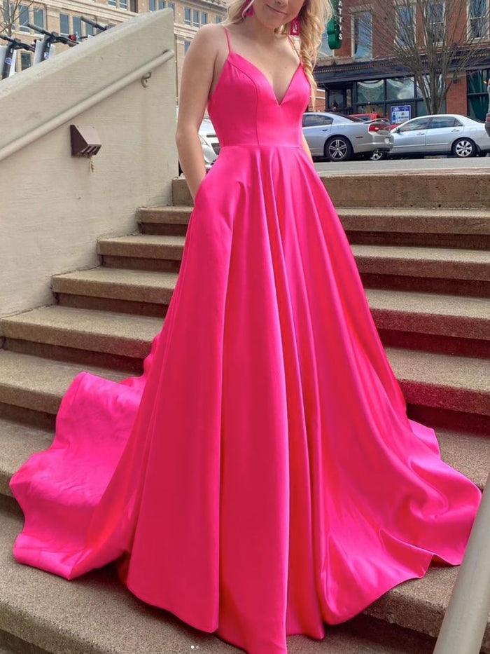 Simple pink v neck satin long prom dress, pink satin evening dress