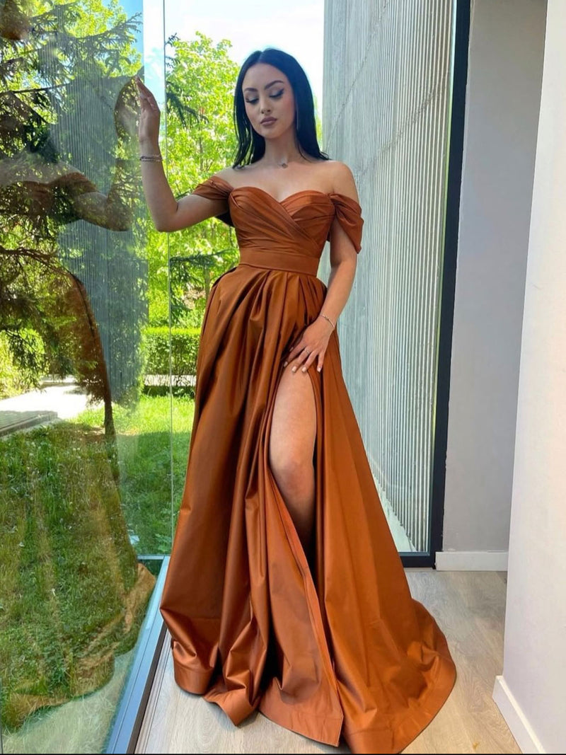 Simple Off Shoulder Long Orange Prom Dress, Satin Long Evening Dresses