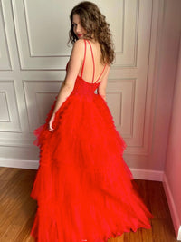 Red v neck high low lace tulle prom dress, tulle lace evening dress