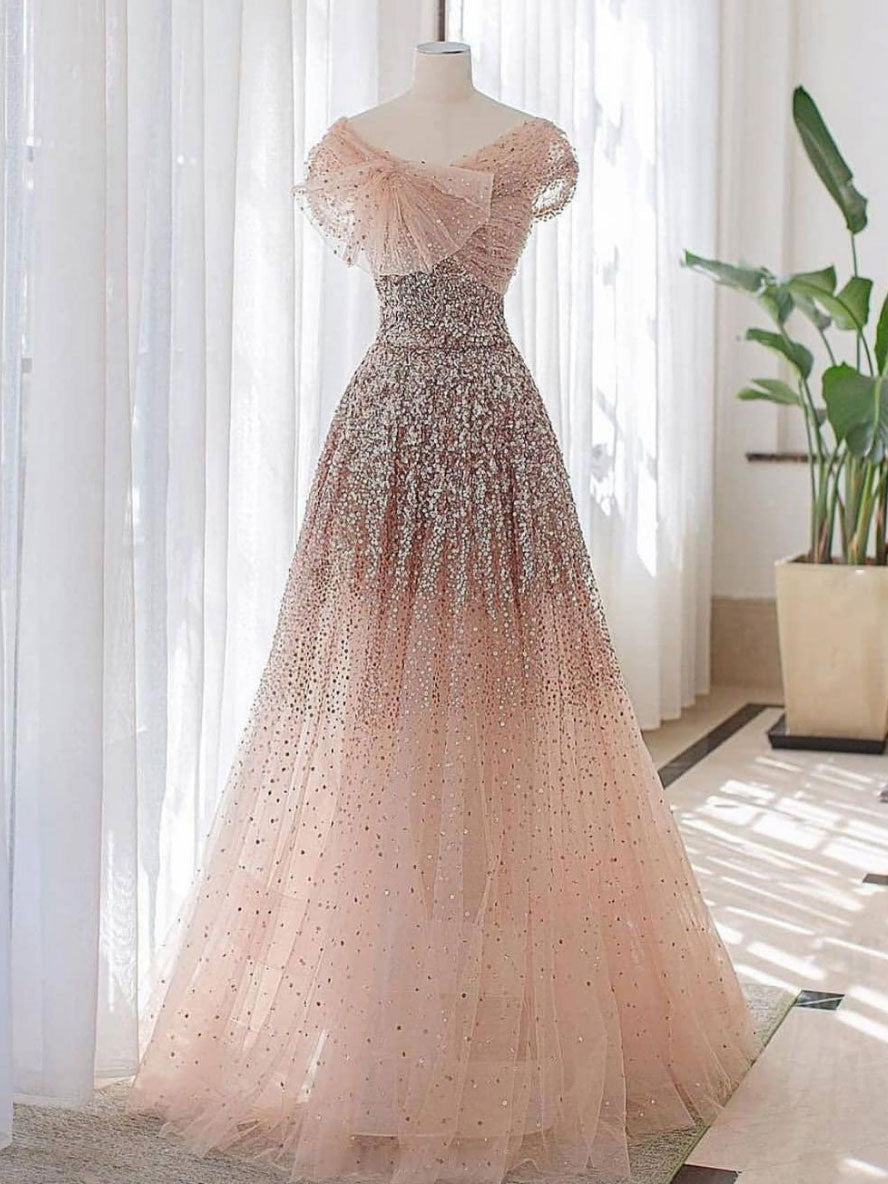 Champagne pink tulle sequin long prom dress tulle evening dress