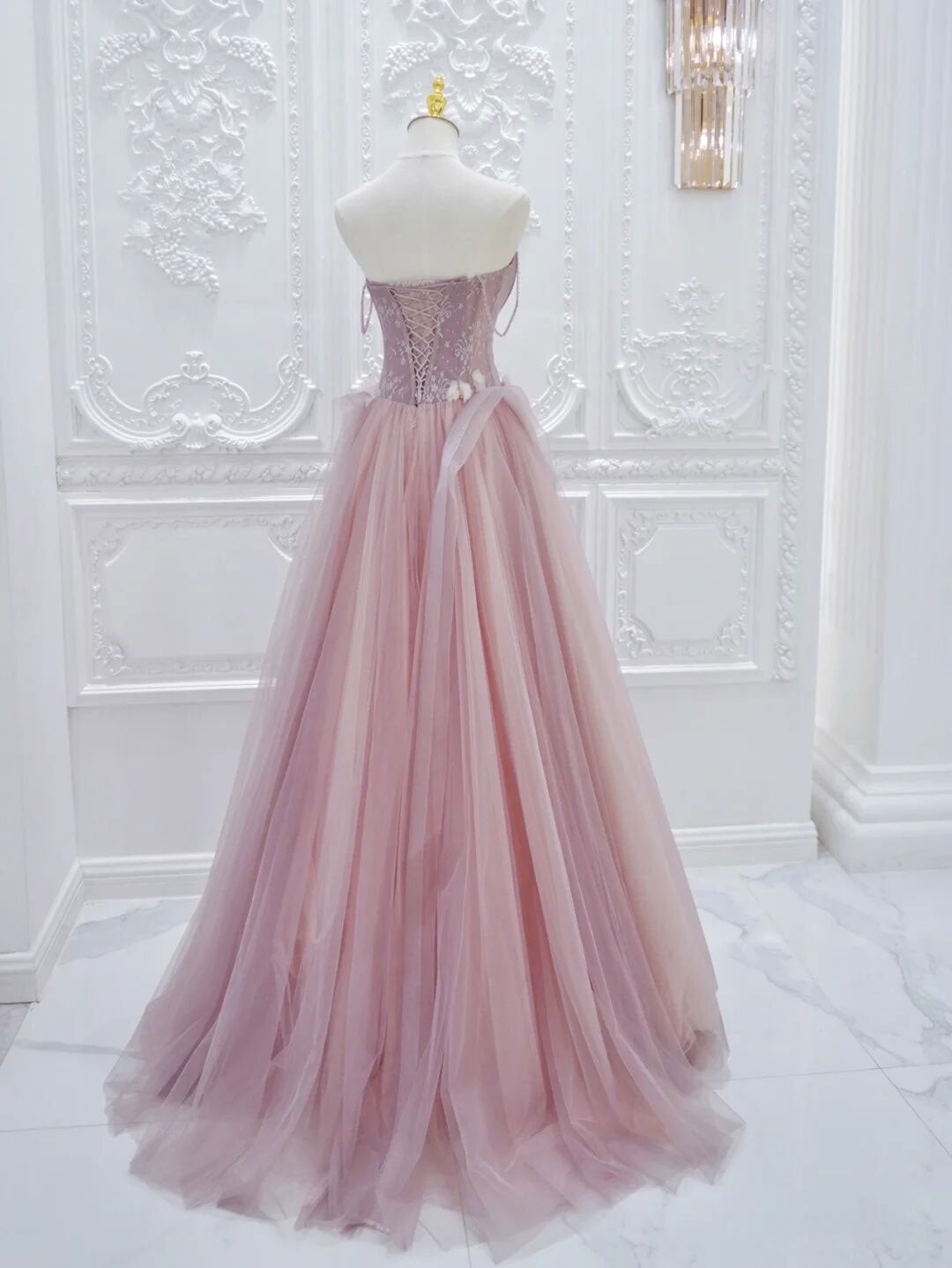 Pink A line tulle lace long prom dress, pink tulle formal dress toptby Pink A line tulle lace long prom dress, pink tulle formal dress toptby