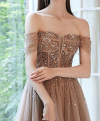 Champagne tulle sequin beads long prom dress champagne evening dress