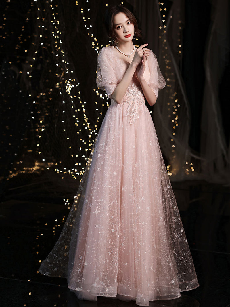 Pink tulle lace long prom dress, pink tulle evening dress toptby Pink tulle lace long prom dress, pink tulle evening dress toptby