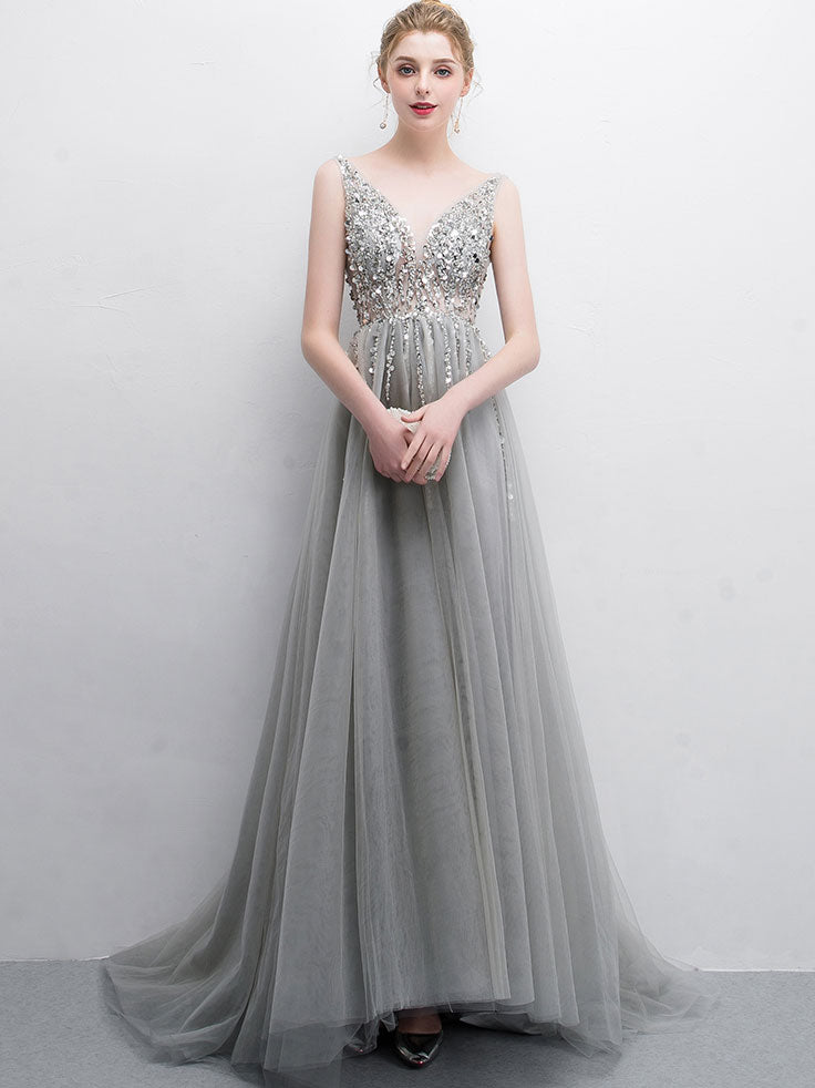 Gray tulle v neck sequin long prom dress, gray tulle evening dress