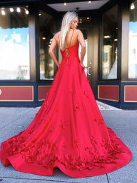 Red v neck satin long prom dress, red long evening dress