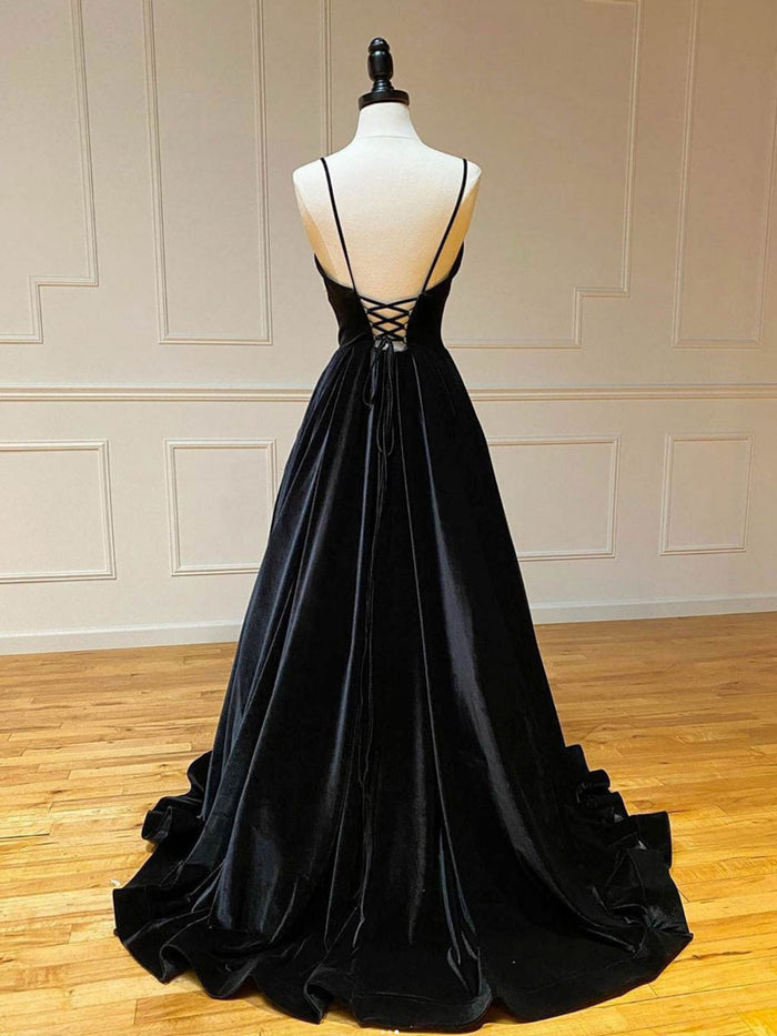 Black velvet long prom dress, black evening dress