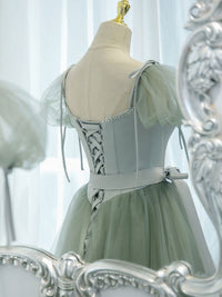 Green tulle off shoulder long prom dress, green tulle formal dress